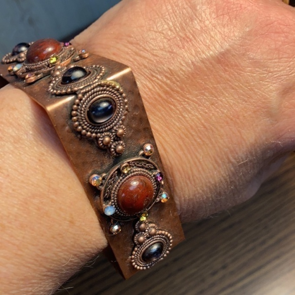 Artisan square hammered copper ornate bangle bracelet